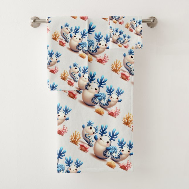 Funny Colourful Dancing Nudibranchs and Corals Bath Towel Set (Insitu)