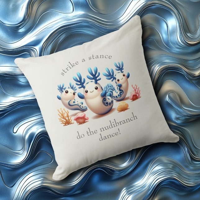 Funny Colourful Dancing Nudibranchs and Corals Cushion (Dancing Nudibranchs and Coral Throw Pillow Cover Photo)
