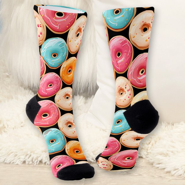 Funny Colourful Doughnut Pattern Black Name Monogr Socks (Funny Colorful Donut Pattern Black Name Monogram Socks)