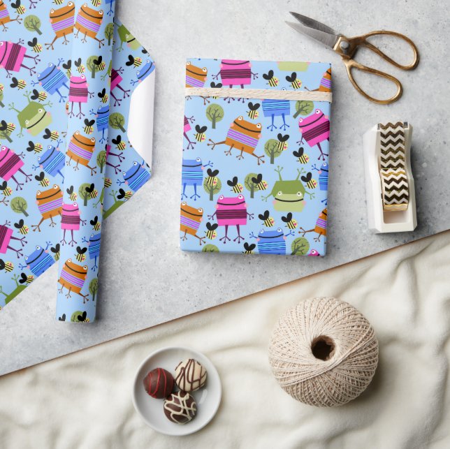 Funny Colourful Frogs and Bumblebees Wrapping Paper (Crafts)