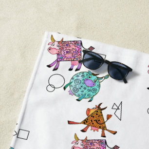 Funny Colourful Geometric Cute Cows Cartoon Drawin Beach Towel