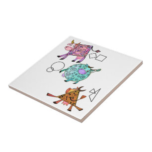 Funny Colourful Geometric Cute Cows Cartoon Drawin Ceramic Tile