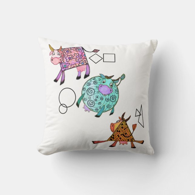 Funny Colourful Geometric Cute Cows Cartoon Drawin Cushion (Front)