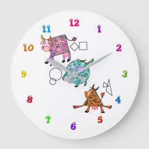 Funny Colourful Geometric Cute Cows Cartoon Drawin Large Clock