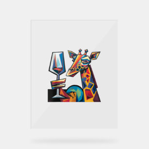 Funny Colourful Giraffe Drinking Red Wine Cubism A Acrylic Sign