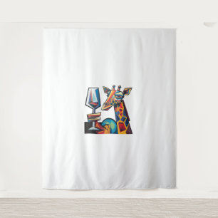 Funny Colourful Giraffe Drinking Red Wine Cubism A Tapestry