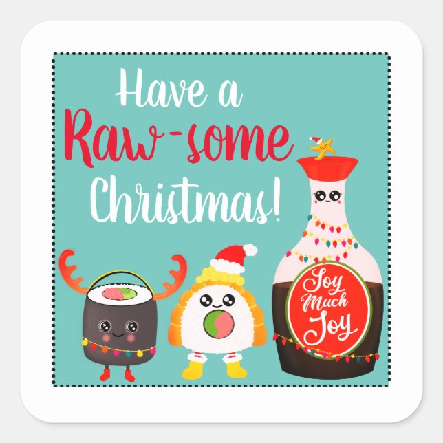Funny Colourful Kawaii Sushi Rolls Merry Christmas Square Sticker (Front)