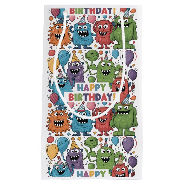 Funny Colourful Monsters with Balloons Birthday  Small Gift Bag (Front)