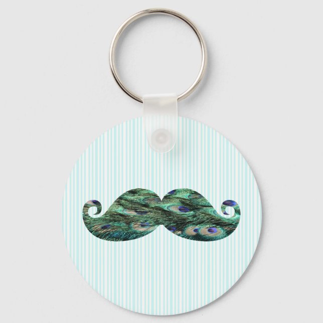 Funny  Colourful Peacock Feathers Moustache Key Ring (Front)