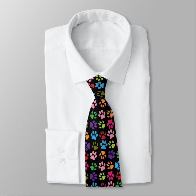 Funny Colourful pet dog or cat paw prints on black Tie (Tied)