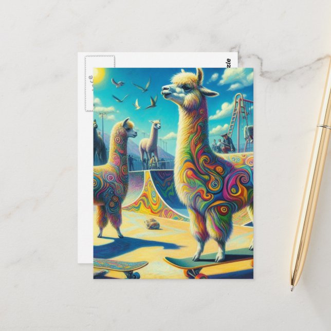Funny Colourful Skateboarding Alpaca Postcard (Front/Back In Situ)