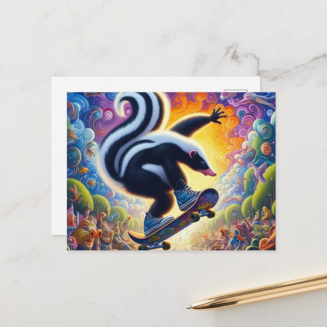 Funny Colourful Skunk Skateboarding Postcard (Front/Back In Situ)