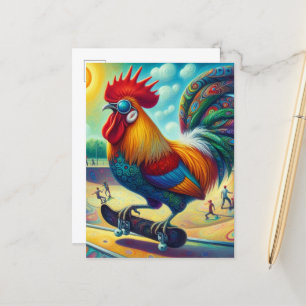 Funny Colourful Surreal Skateboarding Rooster Postcard