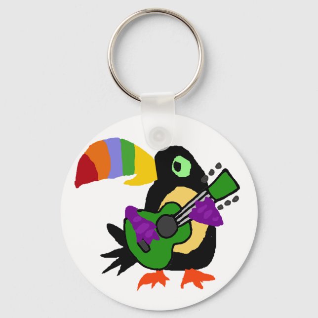 Funny Colourful Toucan Bird Playing Guitar Key Ring (Front)