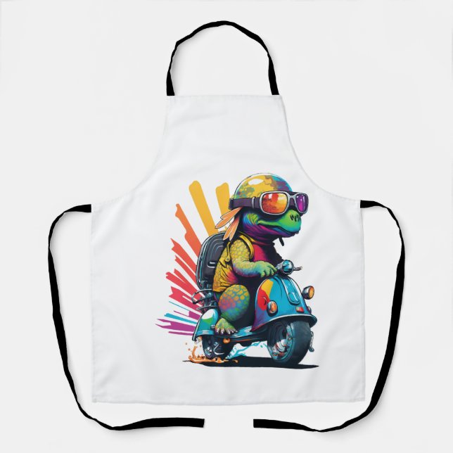 Funny Colourful Turtle On A Scooter Apron (Front)
