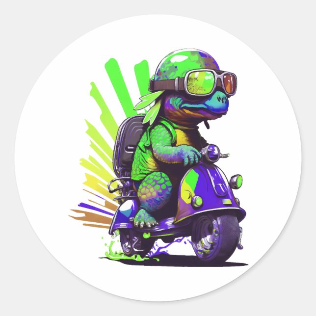 Funny Colourful Turtle On A Scooter Classic Round Sticker (Front)