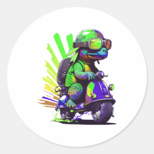 Funny Colourful Turtle On A Scooter Copy Classic Round Sticker