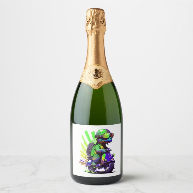 Funny Colourful Turtle On A Scooter Copy Sparkling Wine Label (Front)