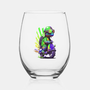 Funny Colourful Turtle On A Scooter Copy Stemless Wine Glass