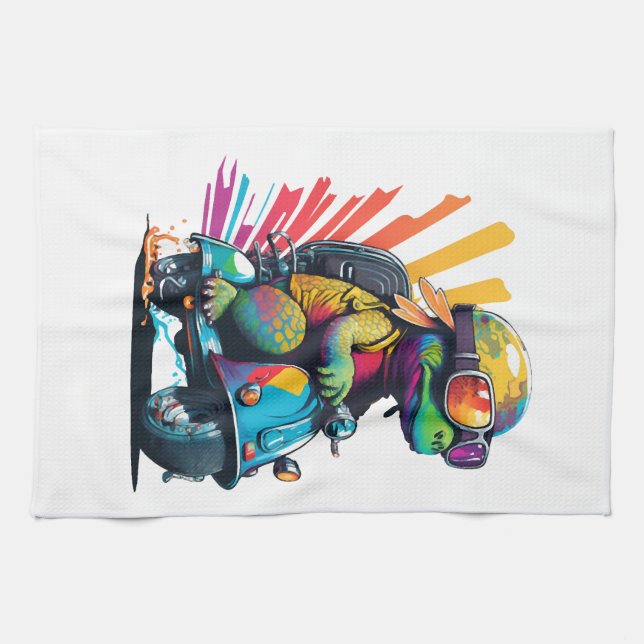 Funny Colourful Turtle On A Scooter Tea Towel (Horizontal)
