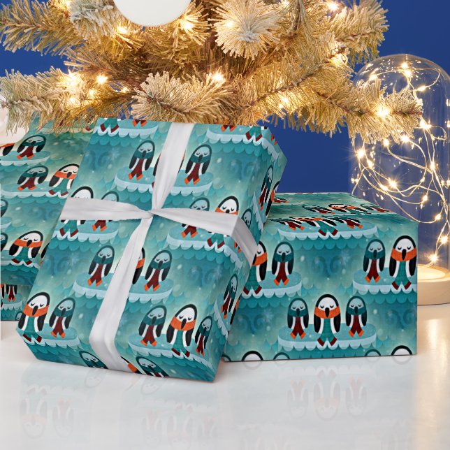 Funny Colourful Wintery Dressed Penguin Pattern Wrapping Paper (Holidays)