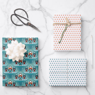 Funny Colourful Wintery Dressed Penguin Pattern Wrapping Paper Sheet