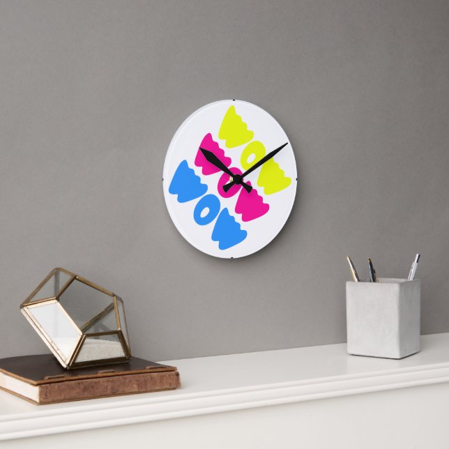Funny colourful WOW Saying Simple Pink Blue yellow Round Clock (Office)
