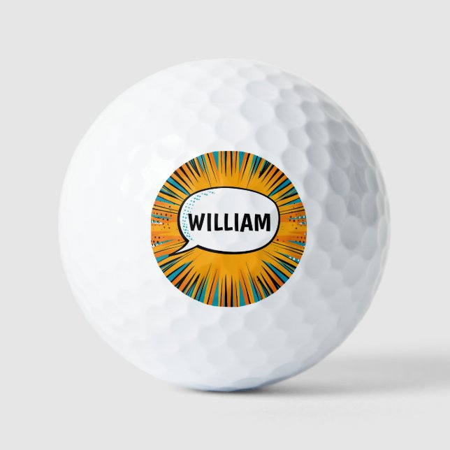 Funny comic book cool personalised name trendy  golf balls (Front)