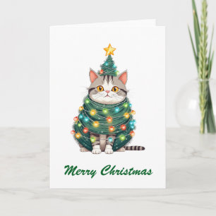 Funny Comic Whimsical Cat Merry Christmas Tree Card