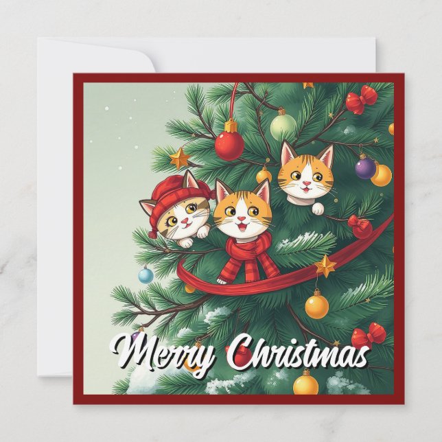 Funny Comic Whimsical Cat Merry Christmas Tree Holiday Card (Front)