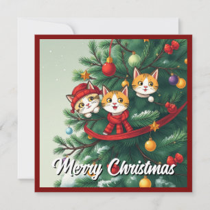 Funny Comic Whimsical Cat Merry Christmas Tree Holiday Card