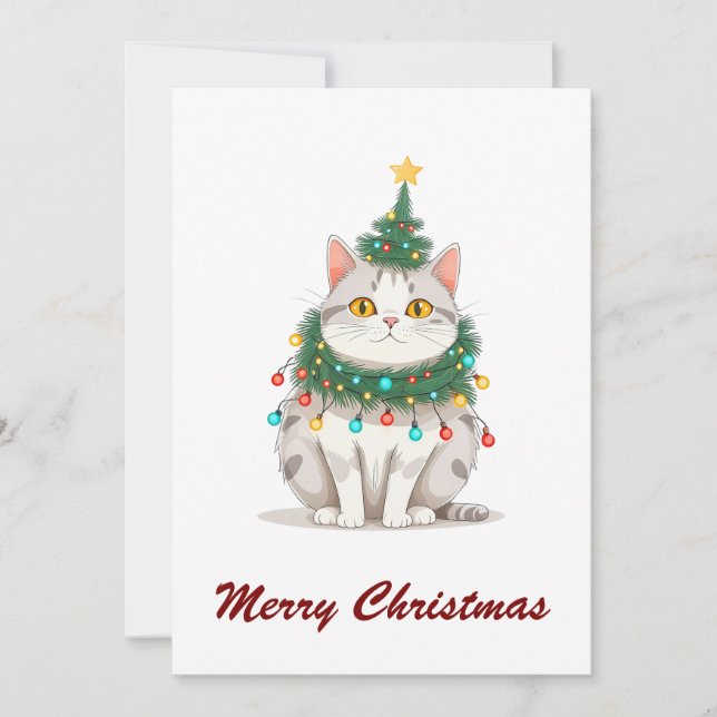 Funny Comic Whimsical Cat Merry Christmas Tree  Holiday Card (Front)