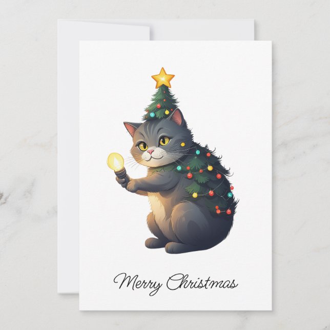 Funny Comic Whimsical Cat Merry Christmas Tree  Holiday Card (Front)