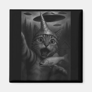 Funny Consracy Cat In Tin Foil Hat Panics At Alien Magnet