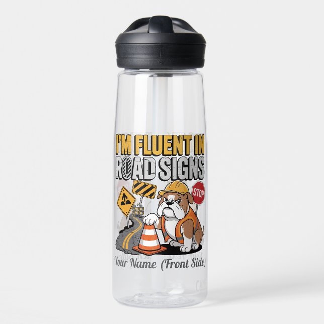 Funny Construction Bulldog Cartoon Road Sign Water Bottle (Front)