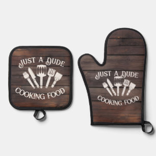 Funny Cooking for Men – 'Dude Cooking Food' Oven Mitt & Pot Holder Set