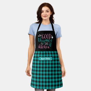 Funny Cooking Good Thymes Black Turquoise Plaid Apron