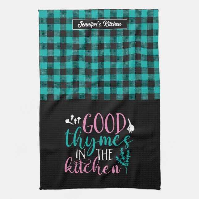 Funny Cooking Pun Good Thymes In The Kitchen Plaid Tea Towel (Vertical)