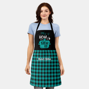 Funny Cooking Stew Pun Black Turquoise Plaid Apron