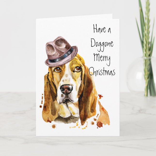 Funny Cool Basset Hound with Fedora Hat Holiday Card (Front)