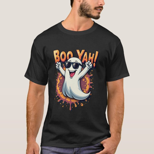 Funny Cool Boo Yah Booyah Rocking Ghost Spooky Boo T-Shirt (Front)
