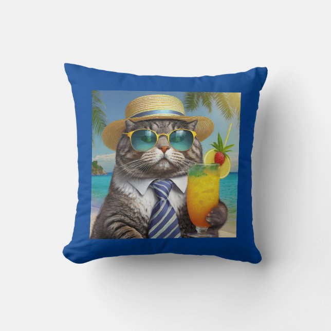 Funny Cool Cat and Tropical Drink Cushion (Front)