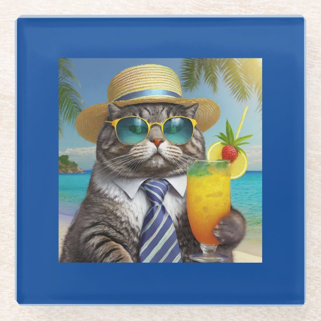 Funny Cool Cat and Tropical Drink Glass Coaster (Front)