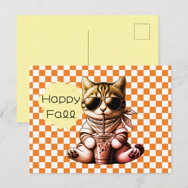 Funny Cool Cat Latte Happy Fall Postcard (Front/Back)