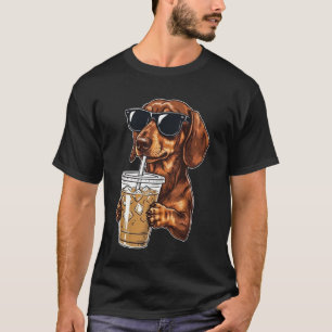 Funny Cool Dachshund Drinking Iced Coffee Wiener D T-Shirt
