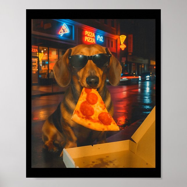 Funny cool dachshund with pizza slice meme food poster (Front)