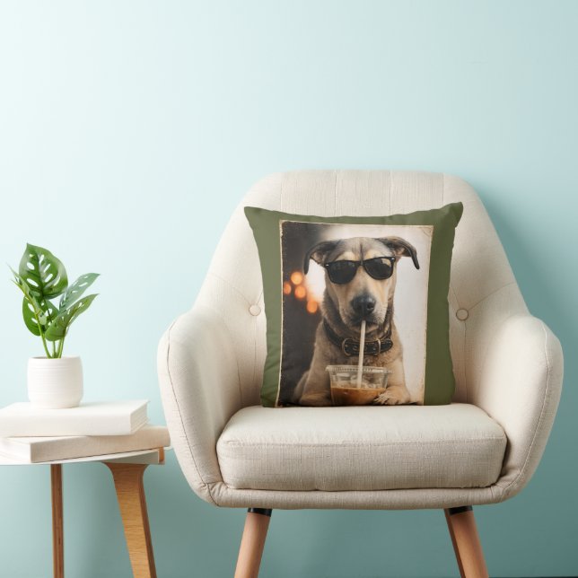 Funny Cool Dog Drinking Iced Coffee Poster Cushion (Chair)