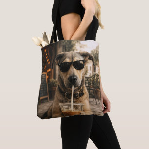 Funny Cool Dog Drinking Iced Coffee Tote Bag