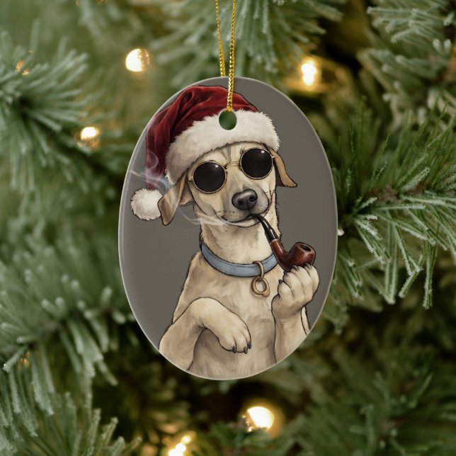 Funny Cool Dog Happy New Year Design Ceramic Ornament (Tree)