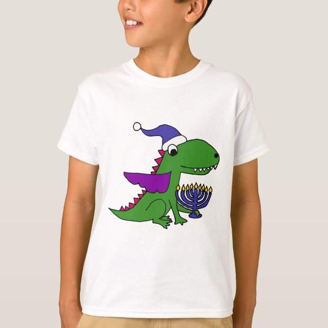 Funny Cool Dragon and Menorah Happy Hanukkah Art T-Shirt (Front)